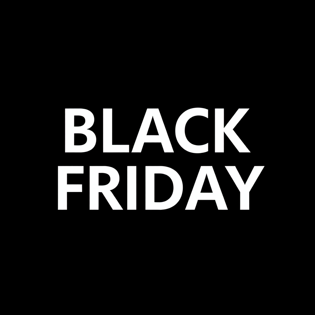 Create a high-resolution image featuring the text "BLACK FRIDAY" in bold white letters on a black background, angled dynamically, using a DSLR camera with a 50mm lens, f/1.8 aperture, ISO 100, shot in natural light.