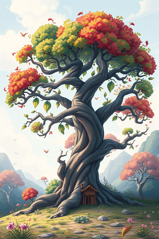 Generate a high-resolution illustration of a whimsical tree with a large, twisted trunk and colorful foliage in a fantasy landscape, shot with a 50mm lens at f/2.8, ISO 100, and a shallow depth of field for a soft background blur, using a DSLR camera for enhanced image quality and vibrant colors.