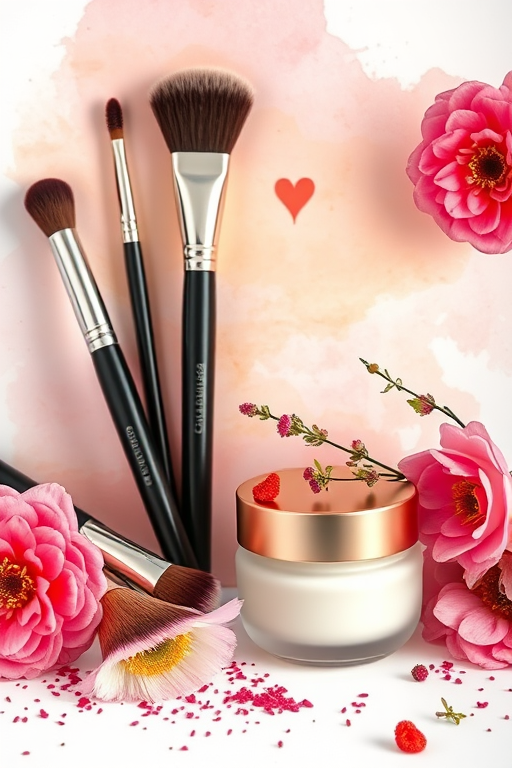 high-resolution image of a beauty composition featuring makeup brushes, a cream jar, and floral accents, with a soft watercolor splash background, taken with a Canon EOS R5, 50mm lens, f/1.8 aperture, ISO 100, shot in natural light for enhanced softness and detail