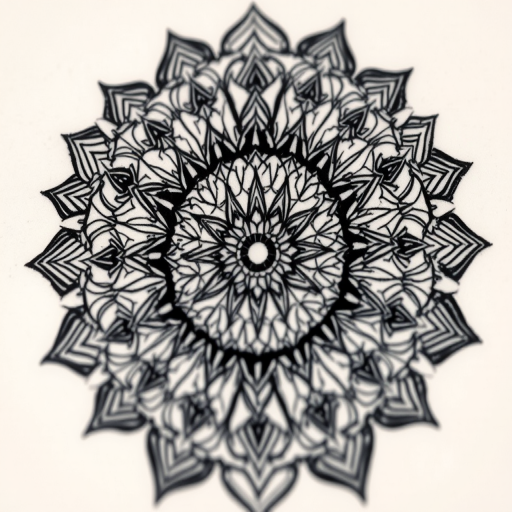 Intricate blackwork tattoo called "Geometric Odyssey" showcasing a complex pattern of interconnected shapes and lines forming a mandala-inspired design with bold contrasts and precise symmetry