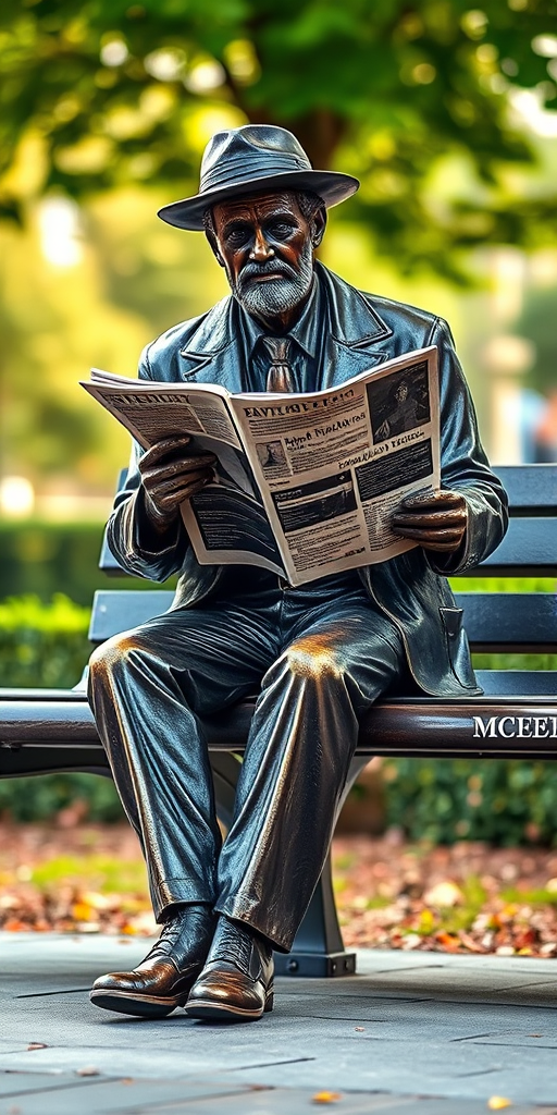 Create a detailed image of a bronze sculpture of a man sitting on a bench, holding a newspaper, captured with a DSLR camera at f/8 aperture, 50mm lens, ISO 100, in natural light with a soft focus background to enhance the subject.