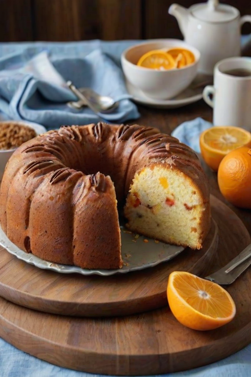 Generate an image of a round, moist cake with a hole in the center, displayed on a wooden platter. The cake has a light golden-brown crust and a soft, fluffy texture. Surround the cake with slices of orange and a few whole oranges in the background. Include a light blue cloth and some forks on the side. The setting should be bright and inviting, suggesting a cozy kitchen atmosphere.