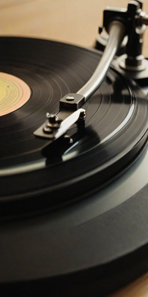 Sharp, detailed close-up of a vintage vinyl record spinning on a turntable, soft light reflecting off the grooves, with a faint scratchy sound almost audible and soft background music playing.