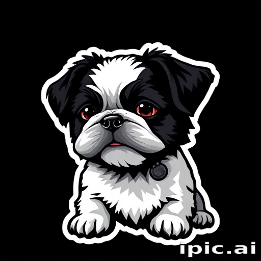 sticker, 3D black and white shih tzu, black background