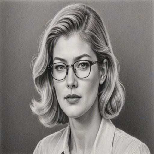 Stunning Rosamund Pike, pencil sketch, portrait of Beauteous woman 1943s in glasses, hair style beatnik, outline, clear lines, fine lines, 8k