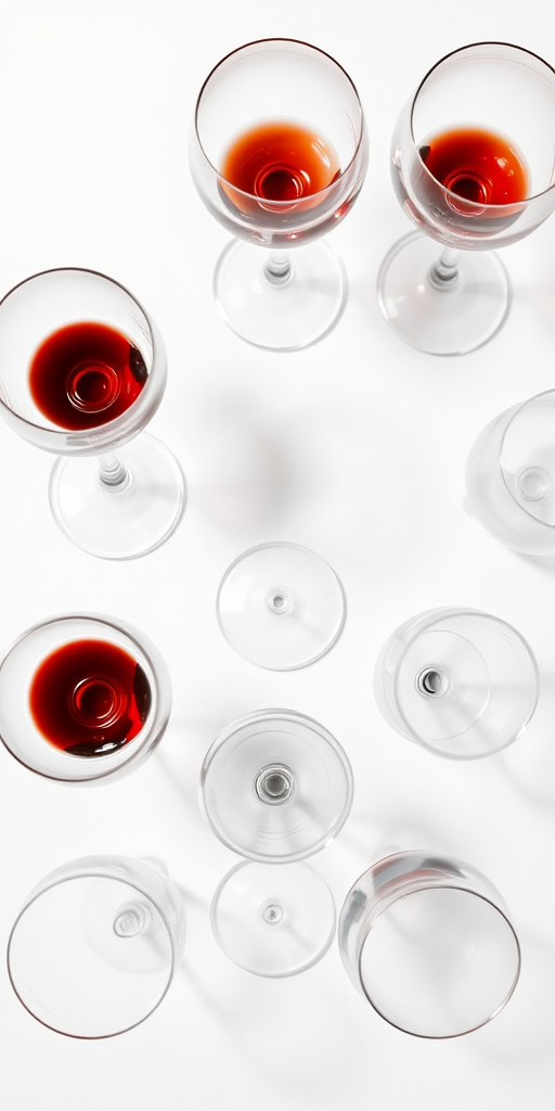 Create an image of a grid of nine wine glasses, using a Canon EOS R5, with a focal length of 50mm, aperture set to f/2.8, ISO 100, in high resolution, top-down view, minimalistic style, on a plain white background.