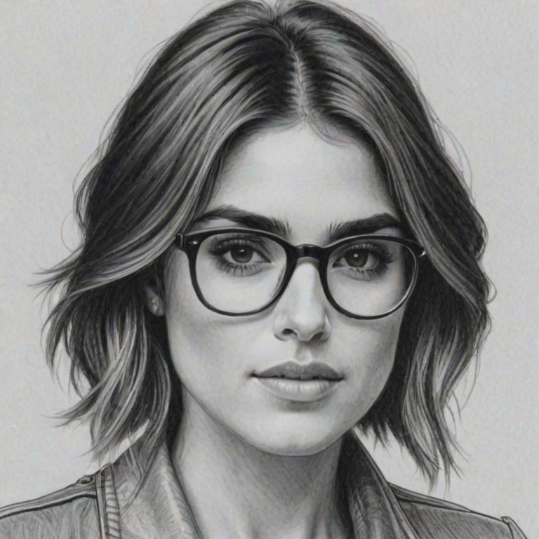 Charming Nikki Reed, pencil sketch, portrait of Lovely woman 1976s in glasses, hair style beatnik, outline, clear lines, fine lines, 8k