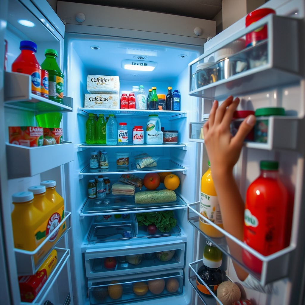 Interior shot of an open refrigerator filled with various drinks and fresh produce, with a human hand reaching into the fridge, shot with a DSLR camera at f/8 aperture, ISO 200, 24mm lens, natural lighting, wide-angle view for enhanced depth.