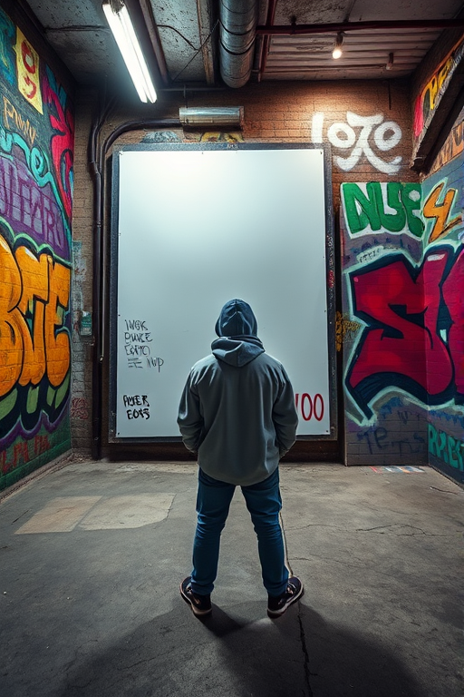 Capture a graffiti artist standing in front of a blank wall in an underground setting surrounded by colorful murals, using a Canon EOS R5, 24mm lens, aperture f/2.8, ISO 800, shutter speed 1/60s, with a low-angle shot to emphasize the depth of the art and the atmosphere of the space.