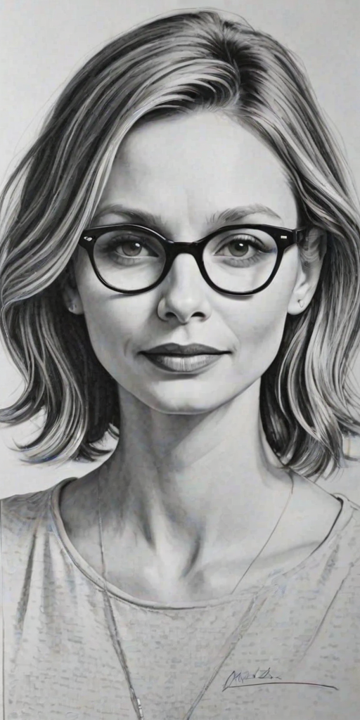 Attractive Calista Flockhart, pencil sketch, portrait of Attractive woman 1954s in glasses, hair style beatnik, outline, clear lines, fine lines, 8k