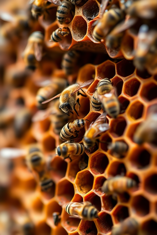 Close-up of a bee's nest with bees flying around, macro lens, f/2.8 aperture, 1/200s shutter speed, ISO 100, shot with a DSLR camera, natural light, focus on the intricate structure and texture of the honeycomb.