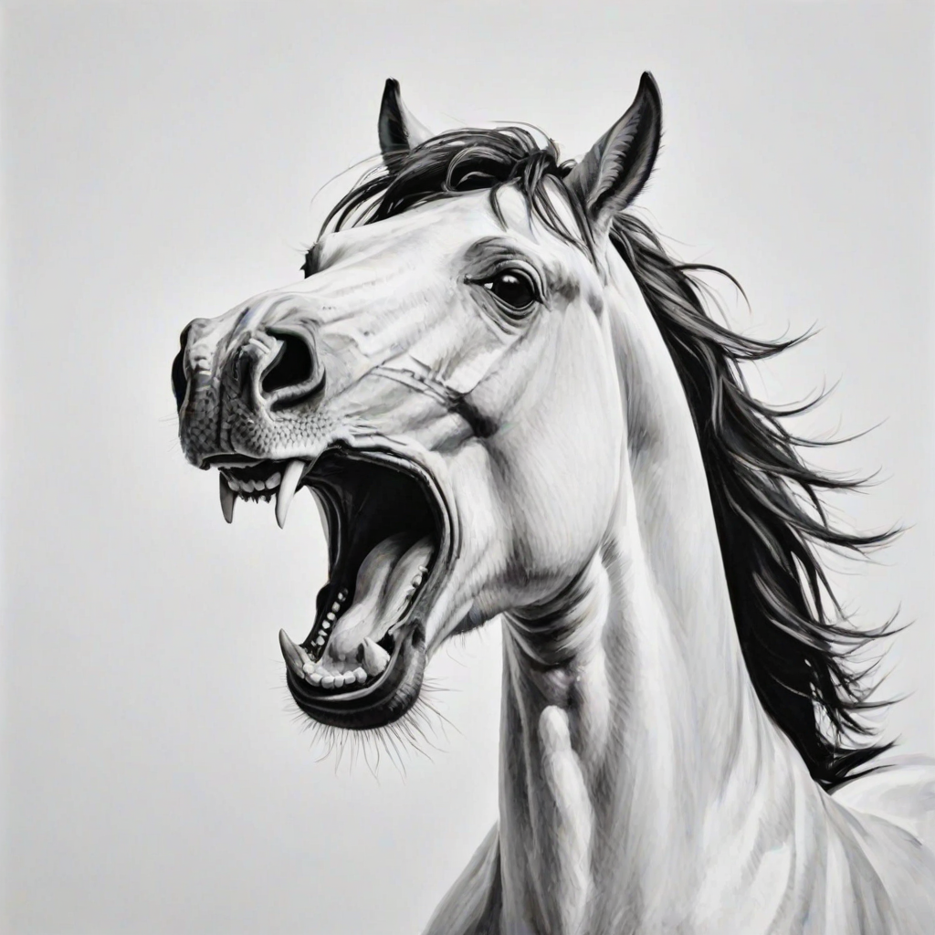 Abstract black and white acrylic portrait of an over exaggerated laughing (horse). Minimalism style. White background.