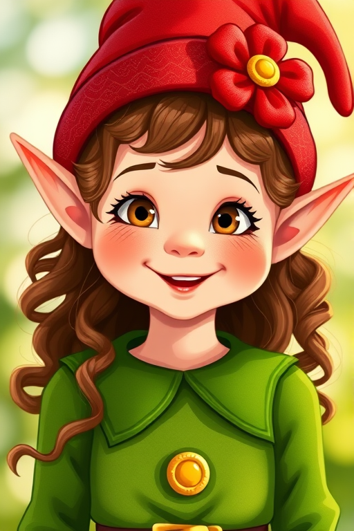 Create a whimsical illustration of a cheerful elf girl with curly brown hair wearing a green outfit and a red hat with a flower, captured with a Canon EOS R5, 50mm lens, f/2.8 aperture, ISO 100, in bright natural lighting, focusing on vibrant colors and a playful expression.