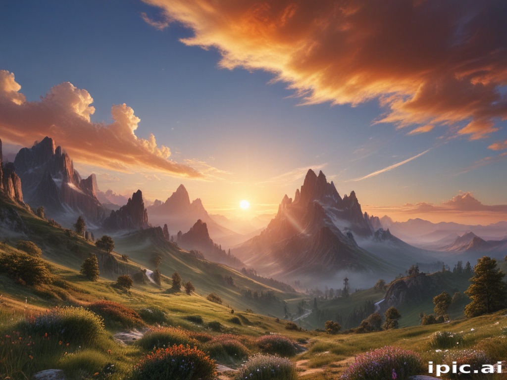 Majestic Sunrise Over Serene Mountain Range with Lush Green Valley