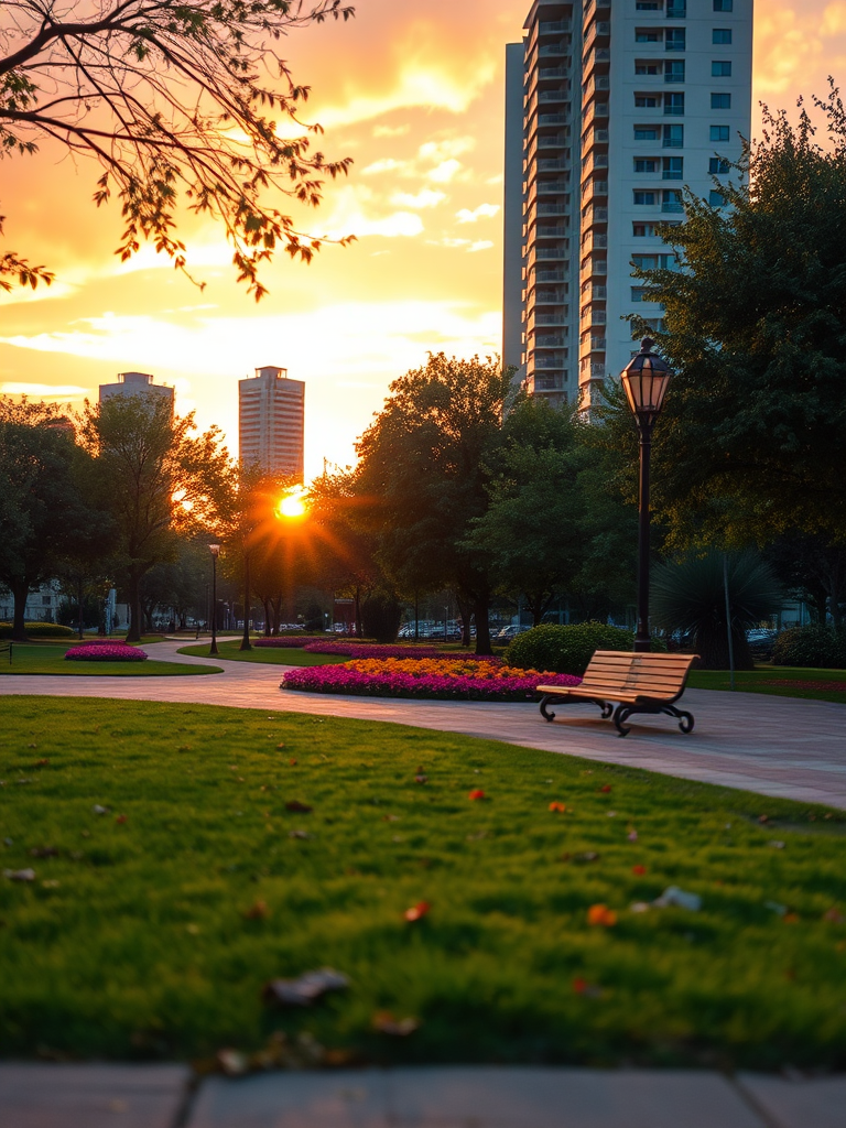 Generate a high-resolution image of an urban park scene during sunset, with vibrant colors and detailed textures, using a DSLR camera with an aperture of f/2.8, ISO 100, and a 50mm lens, shot from a low angle to enhance depth and perspective.