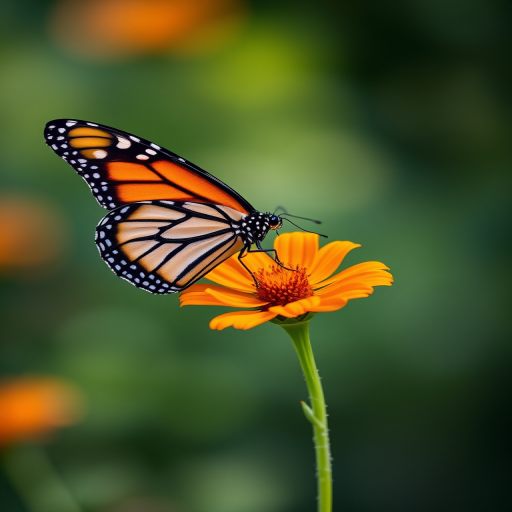 Generate an image of a monarch butterfly perched on a vibrant orange flower. The butterfly should display its characteristic black and orange wing patterns, while the flower should have bright petals and a green stem with leaves. The background should be softly blurred to emphasize the butterfly and flower.