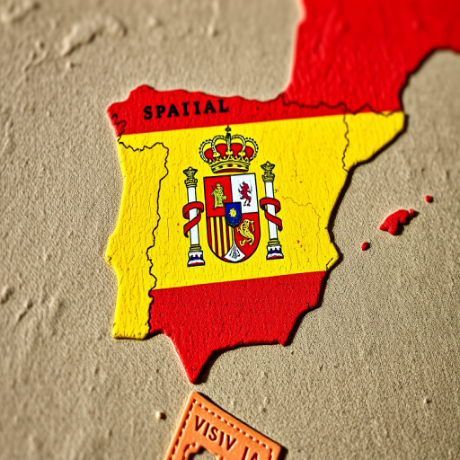Create an image of the map of Spain filled with a textured Spanish flag design, emphasizing the details of the flag and the coat of arms, captured with a Canon EOS R5 camera at 50mm, aperture f/1.8, ISO 100, and natural lighting to enhance color vibrancy and texture clarity.