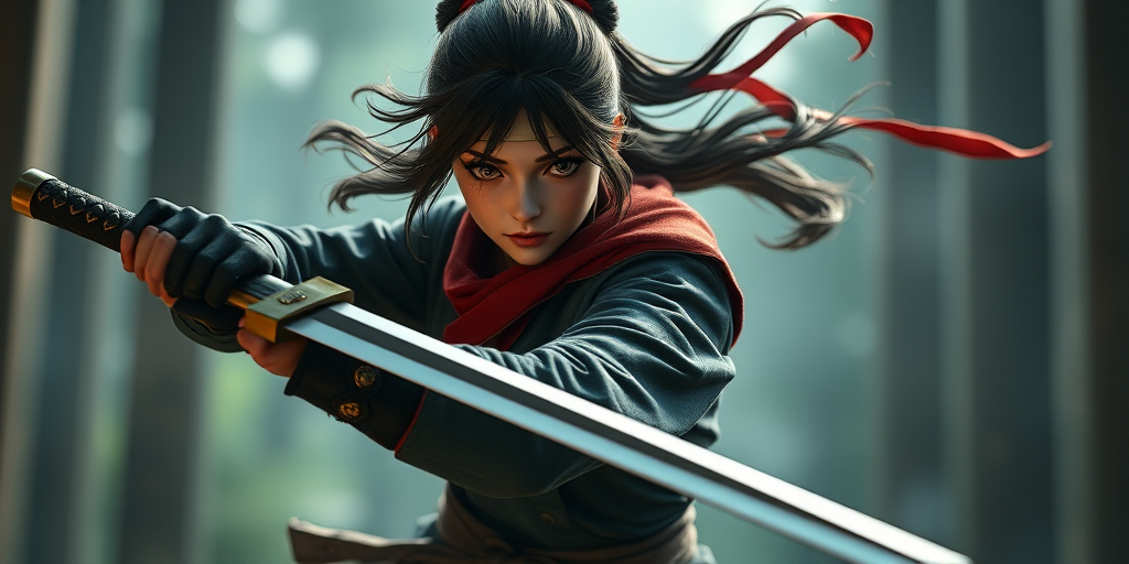 A highly detailed 3D rendered image of a female ninja in a dynamic pose wielding two swords, captured with a Canon EOS R5 camera, 35mm lens, aperture f/1.8, ISO 100, shutter speed 1/250s, in a dramatic low-angle shot with a blurred background for depth.