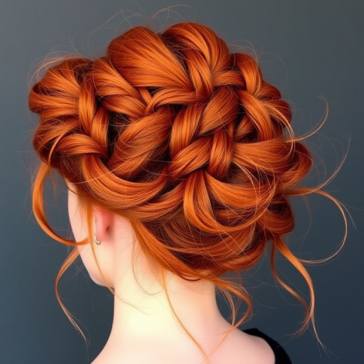 Fiery copper-red locks styled in the "Phoenix Rising" updo showcase intricate braids forming flame-like patterns, with wispy tendrils framing the face for a ethereal look