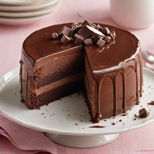 Create an image of a delicious chocolate mousse cake with a glossy chocolate glaze. The cake should have a rich, layered appearance, showcasing a dark chocolate crust and creamy mousse filling. Include a slice being lifted from the cake to emphasize its texture and layers. The background should be simple and elegant, enhancing the cake's appeal.