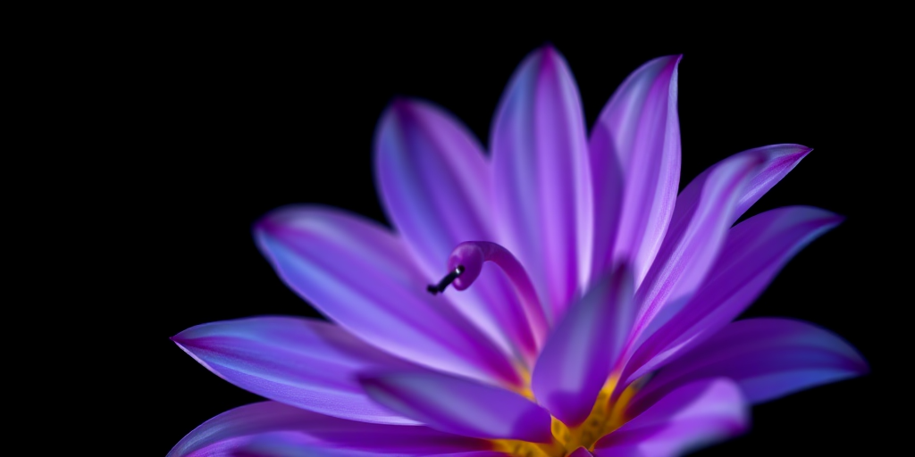 macro shot of a glowing flower with vibrant purple and white petals against a black background, f/2.8 aperture, ISO 100, 1/200 sec shutter speed, using a DSLR camera with a 100mm macro lens, focus on the flower with a shallow depth of field for enhanced details