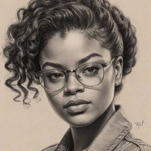 Stunning Ari Lennox, pencil sketch, portrait of Appealing woman 1945s in glasses, hair style beatnik, outline, clear lines, fine lines, 8k