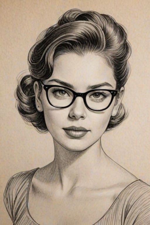 Ravishing Isabella Gomez, pencil sketch, portrait of Attractive woman 1948s in glasses, hair style beatnik, outline, clear lines, fine lines, 8k