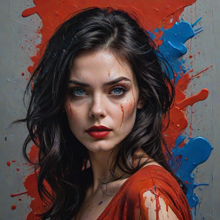 A cinematic shot of a dark fantasy scene with a vivid portrait of a woman with striking blue eyes and tousled black hair. A portrait of a woman with black wavy hair. She has a focused and intense gaze, accentuated by her bold red lipstick. The woman is wearing a deep red, shiny blouse A captivating dark fantasy portrait by TMann, featuring a mysterious brunette woman with a striking profile and rugged appearance. Her unkempt hair cascades down her back, framing her intense gaze. The artist masterfully employs bold, expressive brushstrokes to bring her essence to life, creating a mesmerizing abstract acrylic portrait. The background is a stunning blend of warm oranges and deep reds, contrasting with her cool skin tones. Fluid, irregular lines and splattered ink add texture and life, while dynamic knife strokes emphasize movement. Contrast lighting and the knife-paint technique are used to create depth and dimension. This mesmerizing piece is a multi-layered composition, featuring vivid style, typography, portrait photography, poster, conceptual art, illustration, and painting elements. The HD quality and detailed textures make this a, 3d render, conceptual art, poster, fashion, painting, typography, illustration, cinematic, portrait photography, vibrant Less, graffiti. Hyper-realistic, 4K, HDR