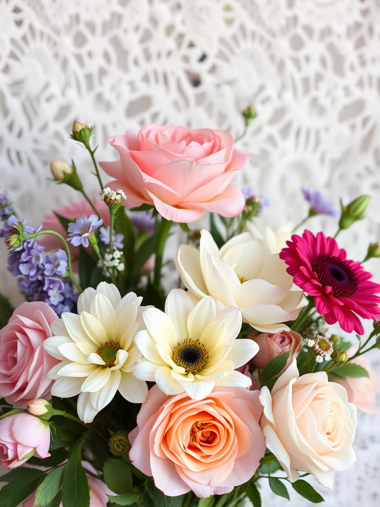 Floral arrangement with delicate lace background, soft pastel colors, shallow depth of field, ISO 100, f/2.8, 50mm lens, natural light, DSLR photography