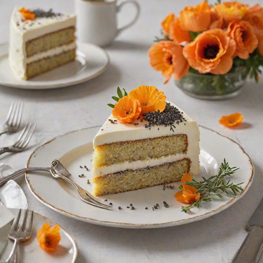 Create an image of a beautifully plated slice of cake with multiple layers. The cake should have a light and airy texture, featuring a poppy seed filling and orange segments between the layers. The exterior should be smooth and covered in a glossy white icing. Place the slice on a simple white plate, and include a fork beside it. Add a slice of fresh orange and a floral patterned cup in the background for an elegant touch.
