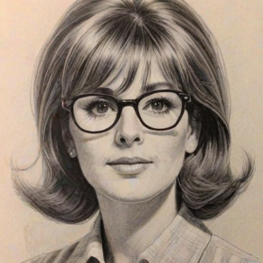 Gorgeous Patricia Richardson, pencil sketch, portrait of Resplendent woman 1963s in glasses, hair style beatnik, outline, clear lines, fine lines, 8k