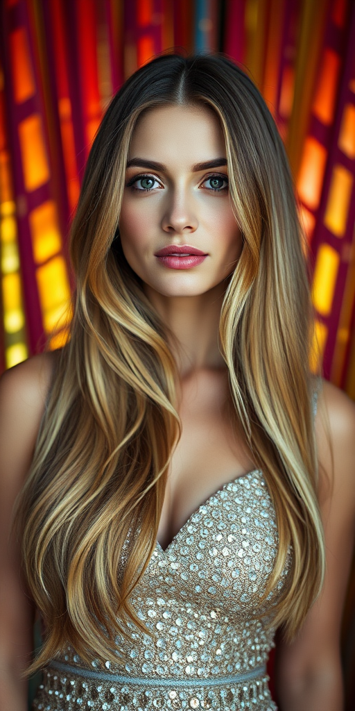 portrait of a woman with long hair in a shimmering dress against a colorful background, high-key lighting, shallow depth of field, ISO 100, aperture f/1.8, 85mm lens, soft focus, DSLR camera