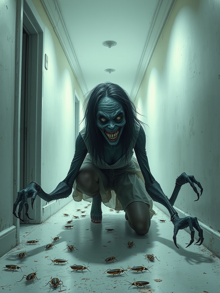 a crooked female with long arms and a creepy smile is crawling along a long white corridor and you can also see cockroaches in it there is a creepy atmosphere creepy art style