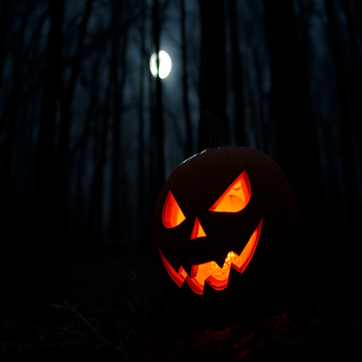Regenerate a spooky Halloween scene featuring a carved pumpkin with glowing eyes and a mischievous grin in a dark forest at night, with a full moon visible in the background, using a DSLR camera with a 50mm lens, aperture f/1.8, ISO 200, and a shallow depth of field for a dramatic focus effect.
