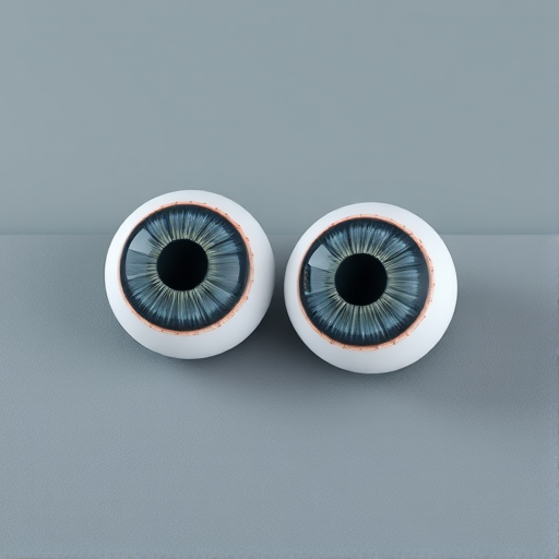 Create a highly detailed 3D render of a pair of realistic human eyeballs on a smooth gray surface, using a DSLR camera with a 50mm lens, aperture f/1.8, ISO 100, and a low-angle view to enhance depth and clarity.