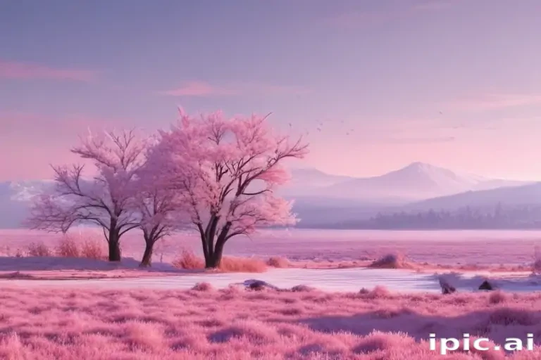 Serene Pink Landscape with Blossoming Trees and Majestic Mountains in ...