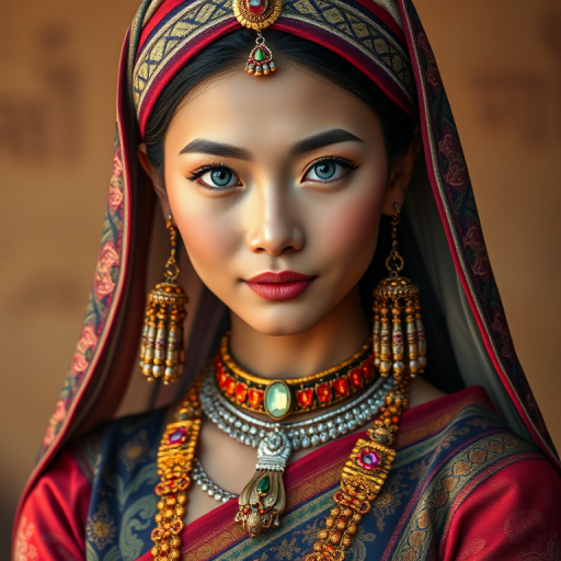 Create a portrait of a beautiful Thai woman with striking blue eyes and a gentle expression. She is adorned in traditional attire with intricate patterns, including a richly embroidered headscarf and matching garments. Her jewelry includes a delicate headpiece, dangling earrings, and ornate bracelets, all featuring vibrant gemstones and detailed metalwork. The background is soft and warm, enhancing the rich colors of her outfit and jewelry.