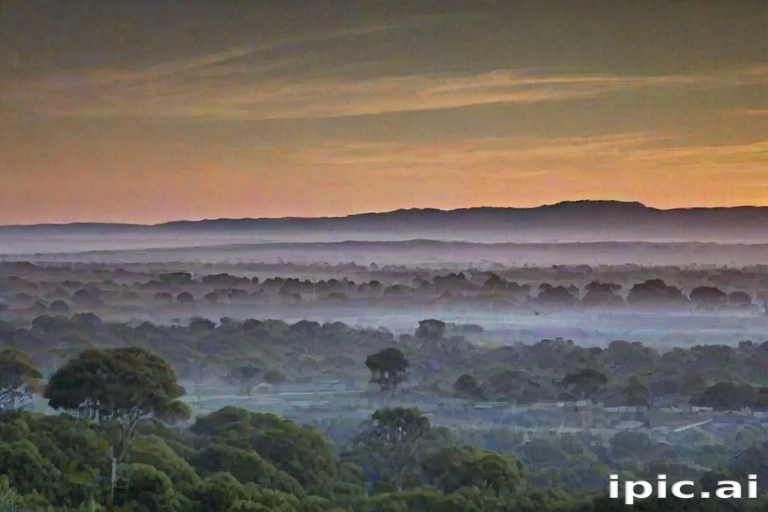 Serene Sunrise Over Misty Hills and Lush Green Landscape at Dawn