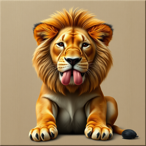 photorealism. a lion, sitting, doing duck face with its lips. plain wood panel bg