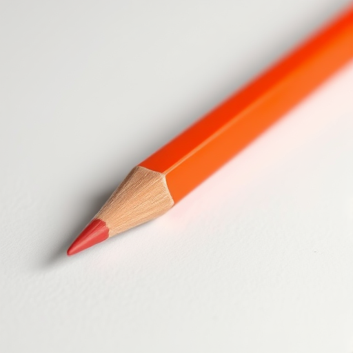 Capture a high-resolution image of a colored pencil with a vibrant orange and red gradient on a clean white background, using a Canon EOS R5 camera with a 50mm f/1.8 lens, aperture set to f/2.8, ISO 200, and a slightly low-angle view to emphasize its length and color.