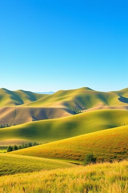 Generate a high-quality illustration of a serene landscape with rolling hills and a clear blue sky, using a Canon EOS R5 with a 24-70mm f/2.8 lens, aperture set to f/8, ISO 100, shot in landscape orientation, capturing vibrant colors and fine details.