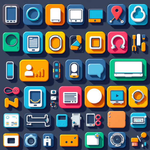 Create a high-resolution vector-style illustration of various icons representing technology and communication in a grid layout, using a Canon EOS R5 camera with a 50mm lens, f/2.8 aperture, ISO 100, natural lighting, and a 45-degree overhead view to capture vibrant colors and sharp details.