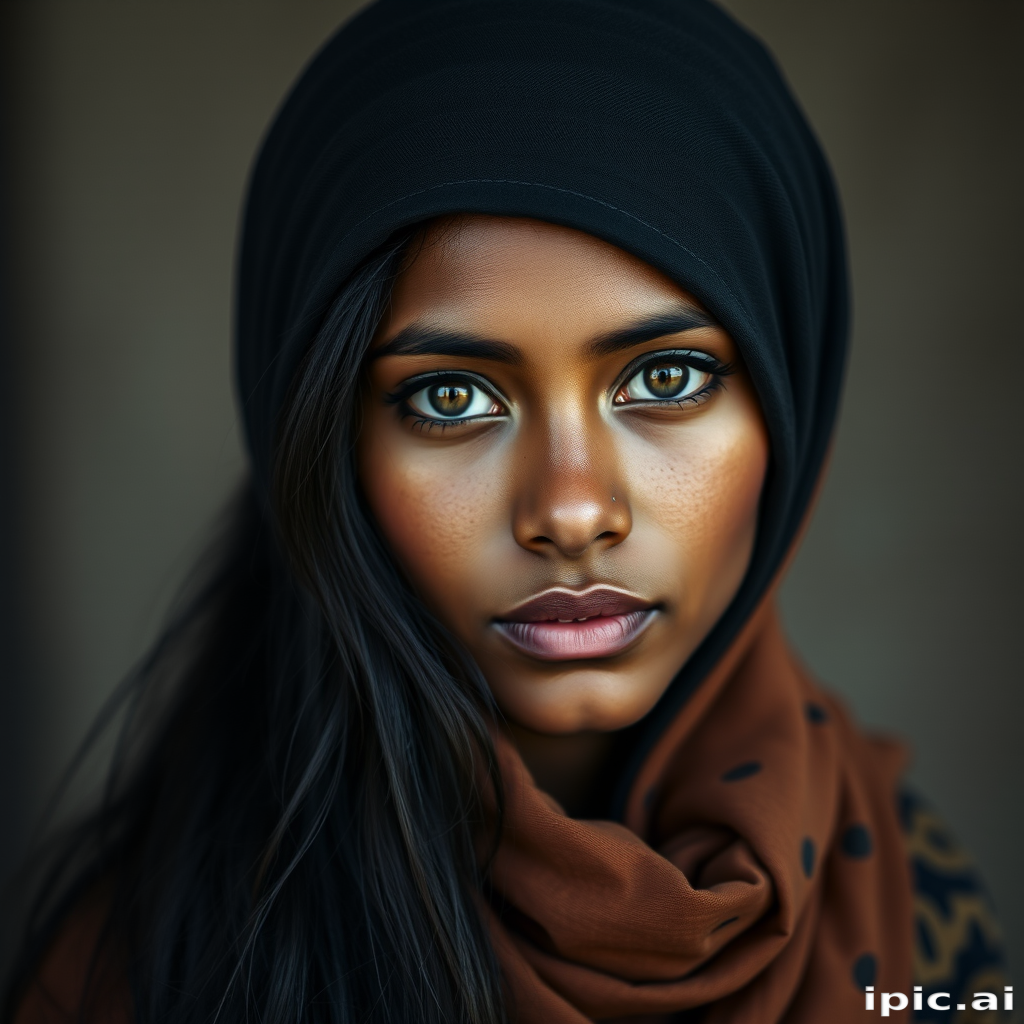 Create a portrait of a young Sri Lankan woman with long, dark hair and captivating hazel eyes. She is wearing a dark headscarf and a matching scarf draped gracefully around her neck. The background is softly blurred, focusing attention on her serene and natural expression. The overall color palette is muted and warm, enhancing the intimate and authentic feel of the portrait.