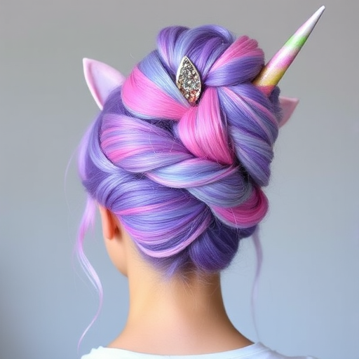 Mystical Unicorn Horn updo featuring a high, twisted bun with pastel purple, pink, and blue streaks, adorned with iridescent glitter and a decorative horn accessory