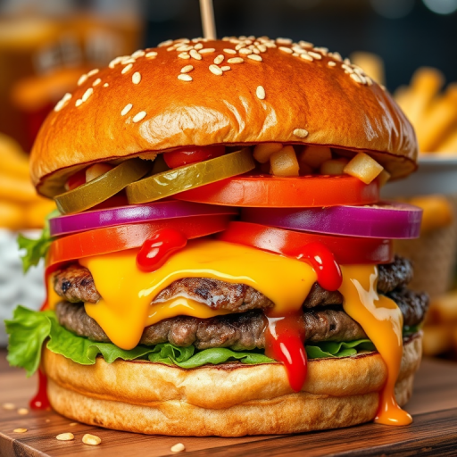 High-resolution, close-up image of a gourmet double cheeseburger. The burger features a glossy, sesame-seed-topped brioche bun. Inside, there are two thick, juicy beef patties, each topped with melted cheddar cheese. The burger is garnished with fresh lettuce, tomato slices, diced onions, and pickles. A generous amount of ketchup and a creamy, orange-colored sauce is dripping down the sides, adding to the mouth-watering appeal. In the background, there are blurred elements including a side of golden French fries and a hint of a beverage, enhancing the overall presentation of a delicious meal.