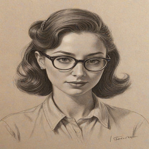 Charming Catherine Reitman, pencil sketch, portrait of Sublime woman 1943s in glasses, hair style beatnik, outline, clear lines, fine lines, 8k