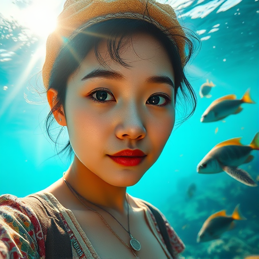 Realistic selfie image of a Asian, wearing a vintage outfit, detailed dreamy eyes, droopy hooded eyes, staring at the camera, taken underwater at coral reef with a sunbeam filtering through the water, vibrant, summer vacation, natural lighting, turtle and school of tropical fish with vibrant colors, rendered in the style of CryEngine, Pegi Nicol MacLeod, with realistic genre scenes, hauntingly beautiful narratives, ultra-realism, and Thomas Saliot's close-up technique, 8K resolution, crystal clear and sparkling water.