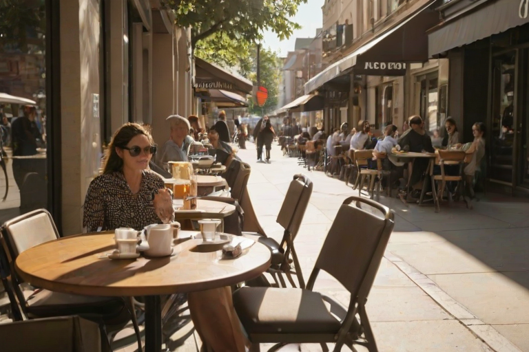 Sunlit cafe terrace, with small tables scattered along the sidewalk, a woman sits with a cup of coffee, sunglasses perched on her head, as she people-watches from the comfort of her chair.