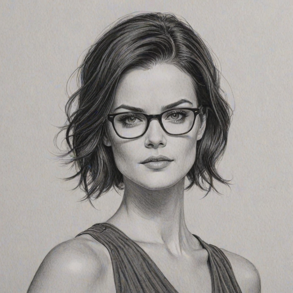 Superb Jaimie Alexander, pencil sketch, portrait of Superb woman 1976s in glasses, hair style beatnik, outline, clear lines, fine lines, 8k