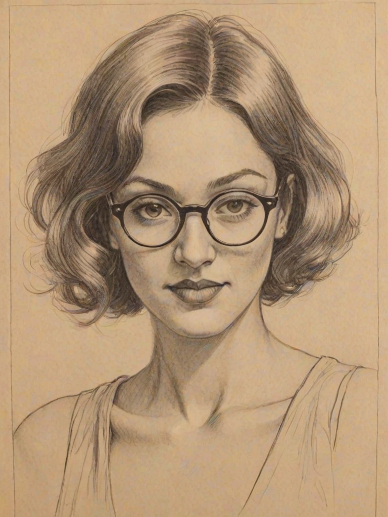 Fascinating Drew Sidora, pencil sketch, portrait of Fetching woman 1926s in glasses, hair style beatnik, outline, clear lines, fine lines, 8k